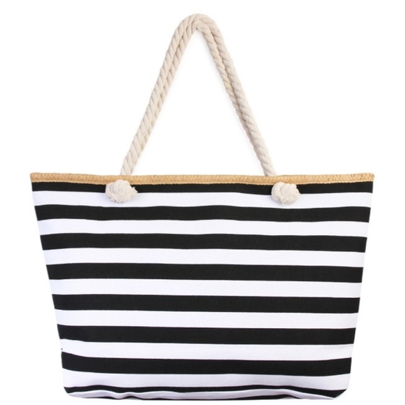 🏖NWT White & Black Striped Canvas Rope Jumbo Tote Bag🏖 - Picture 3 of 7
